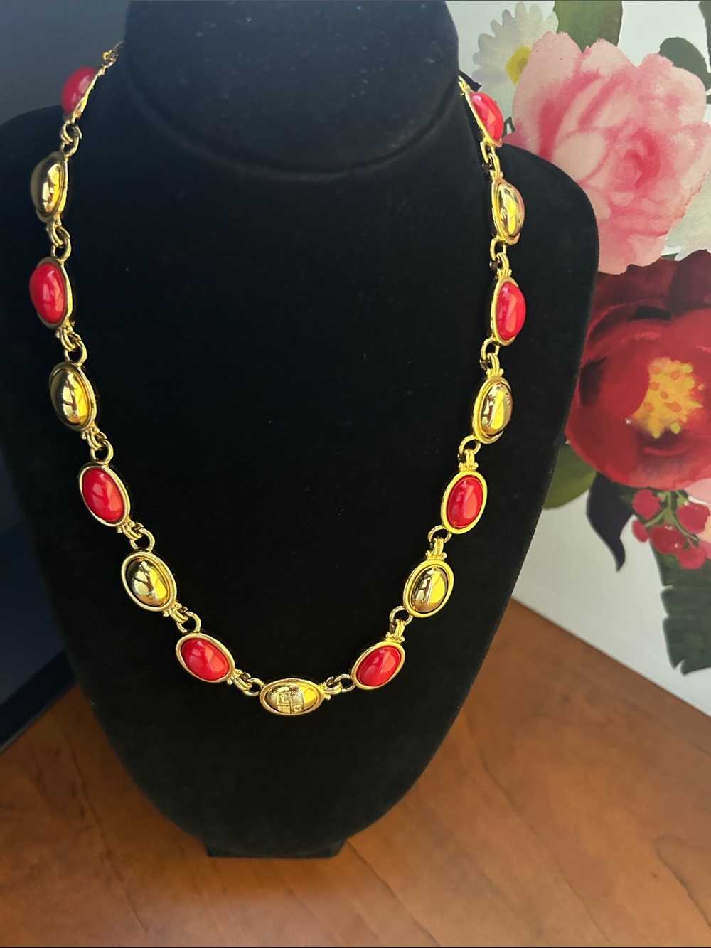Vintage Liz Claiborne gold-tone and red cabochon link necklace.